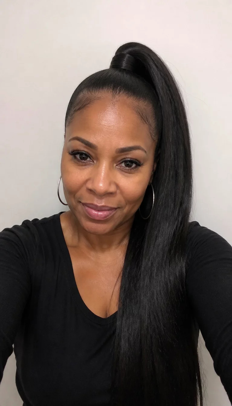 selfie of a 47-year-old black woman wearing a black top with very long, straight, jet-black hair styled in a high side ponytail hairstyle, front view, plain background
