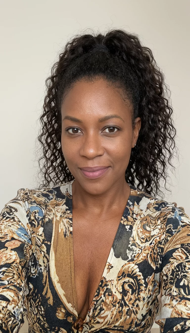 selfie of a 34-year-old black woman wearing a fashionable top with a wavy, curly ponytail hairstyle, front view, plain background