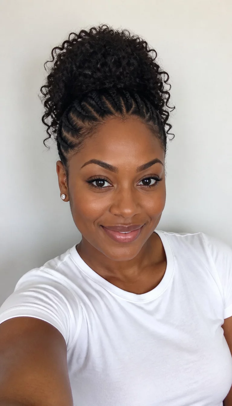 selfie of a 31-year-old black woman wearing a white shirt with intricately braided hair near the temple leading into a high, voluminous curly ponytail hairstyle, front view, plain background