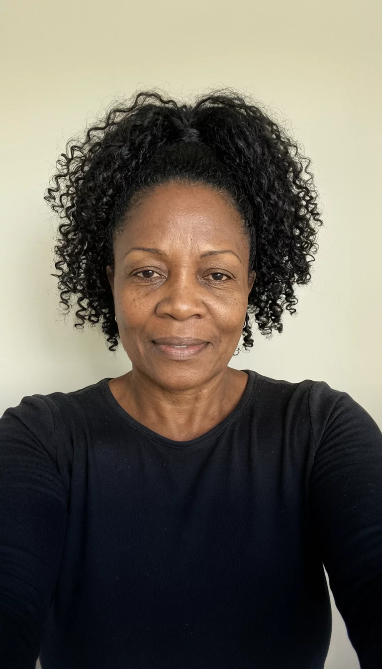 selfie of a 44-year-old black woman wearing a black long-sleeved top with a voluminous, high black curly ponytail hairstyle, front view, plain background