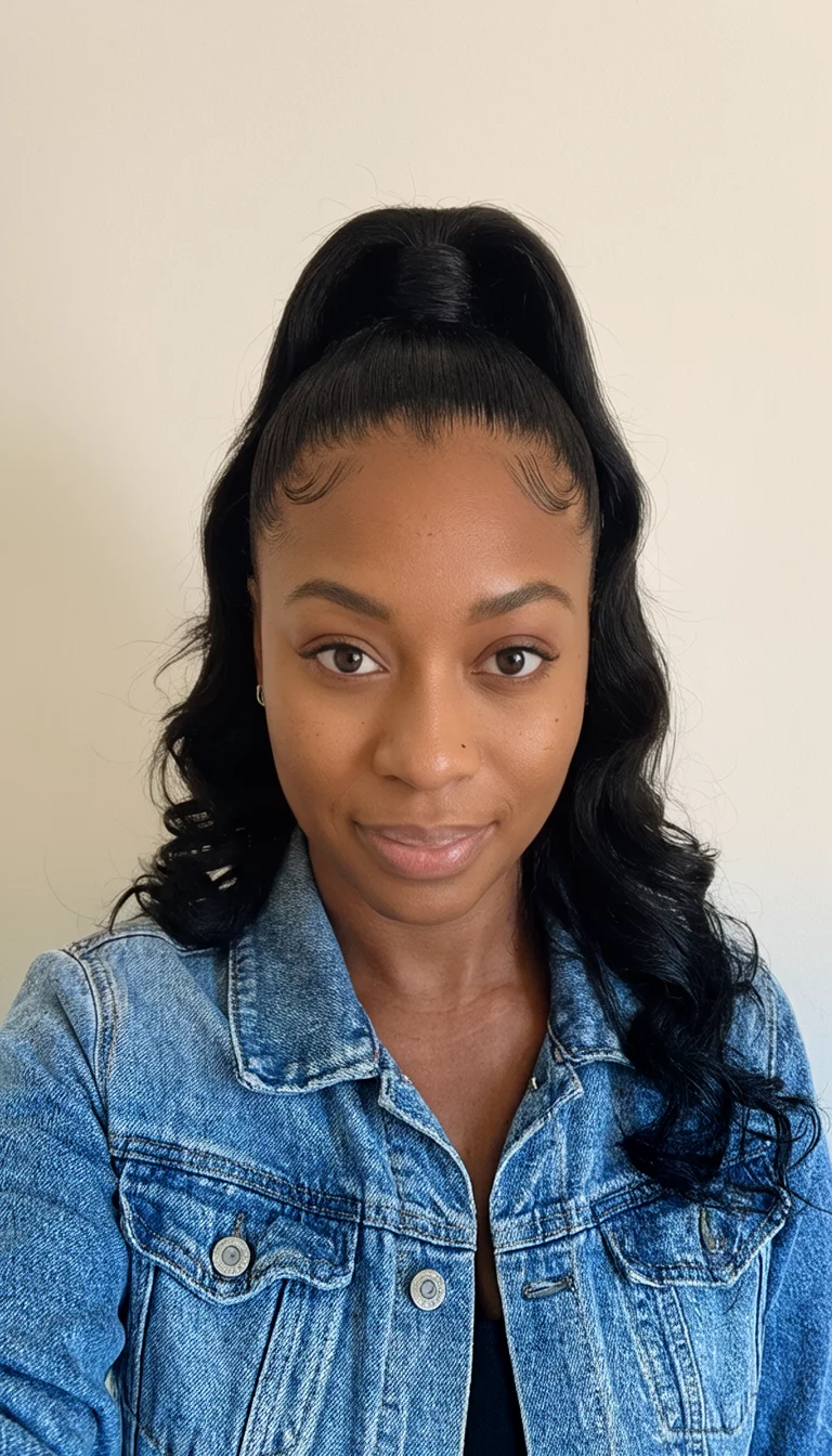selfie of a 29-year-old black woman wearing a denim jacket with a high, sleek black ponytail with prominent side edges and soft curls hairstyle, front view, plain background