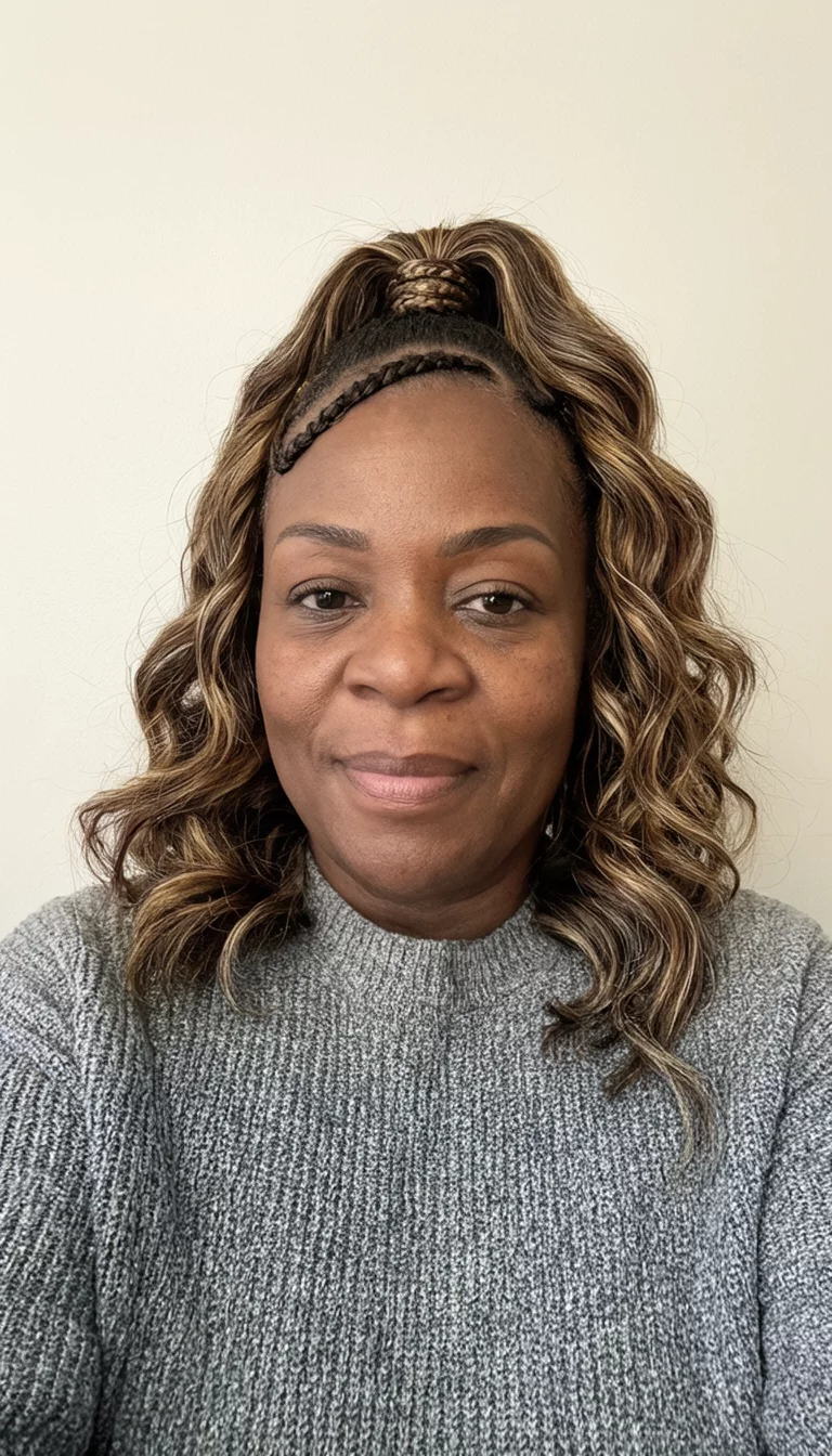 selfie of a 43-year-old black woman wearing a gray sweater with a braided section at the temple leading into a high ponytail with wavy, highlighted extensions hairstyle, front view, plain background