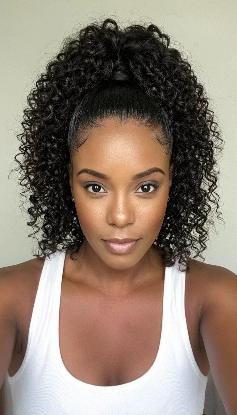 selfie of a 30-year-old black woman wearing a white tank top with a high, voluminous, bouncy curly ponytail and sleek edges hairstyle, front view, plain background
