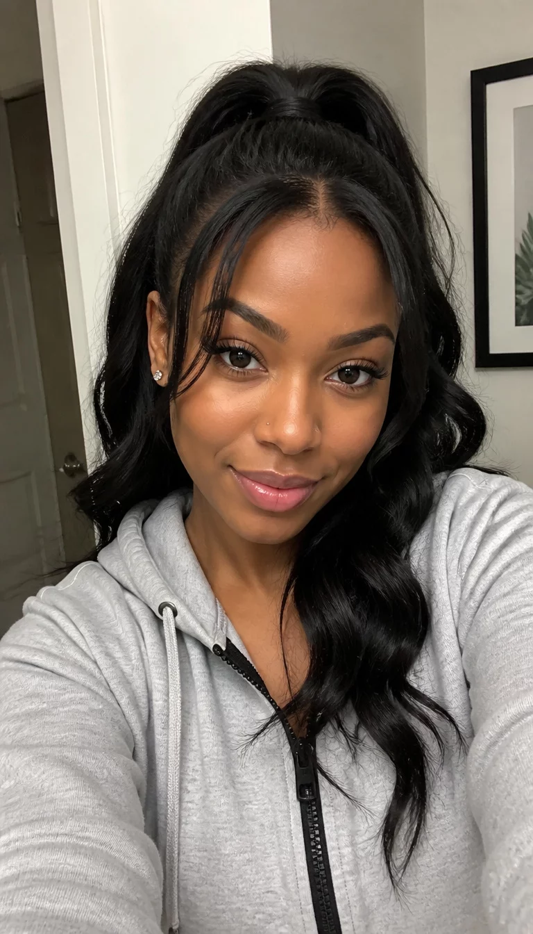 selfie of a 27-year-old black woman wearing a grey hooded jacket with black wavy hair styled in a high ponytail with face-framing layers hairstyle, front view, indoor setting