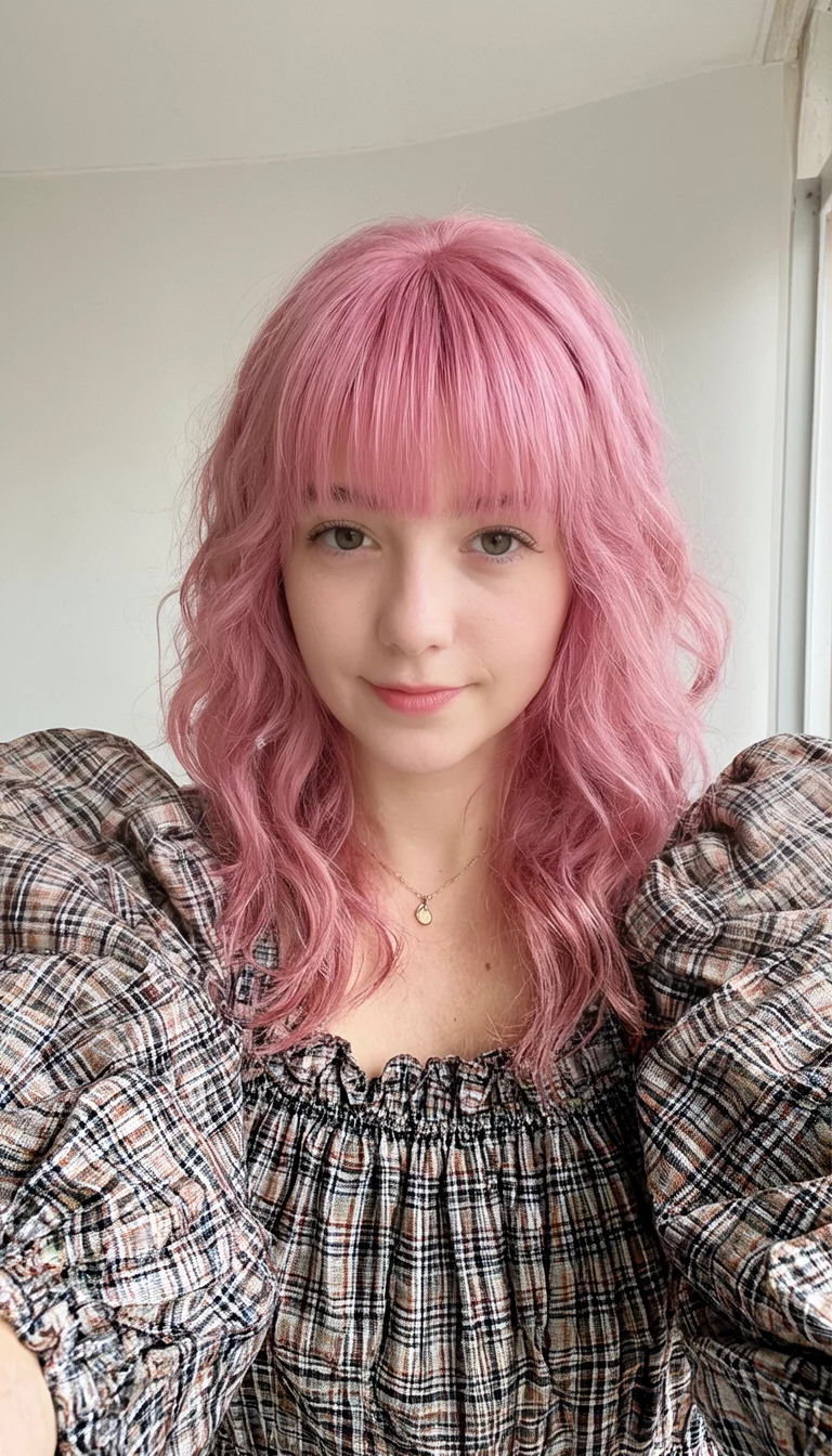 Frosted Rose Petal selfie of a 22-year-old woman wearing a voluminous plaid garment with a pink colored styled hair with bangs, front view, close up