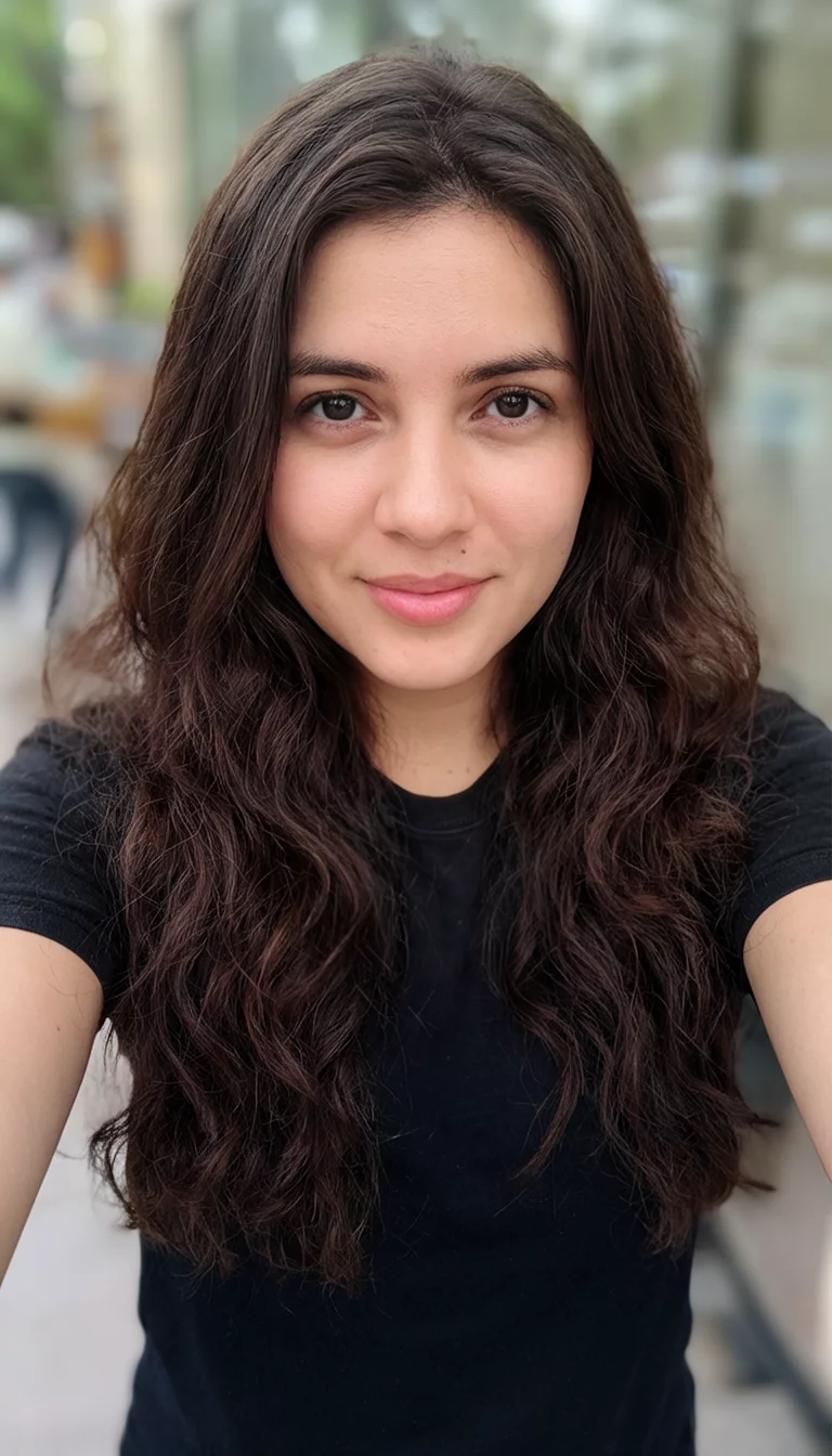 Midnight Espresso Waves selfie of a 24-year-old woman wearing a black t-shirt with a dark brown colored long wavy hairstyle, front view, blurred background
