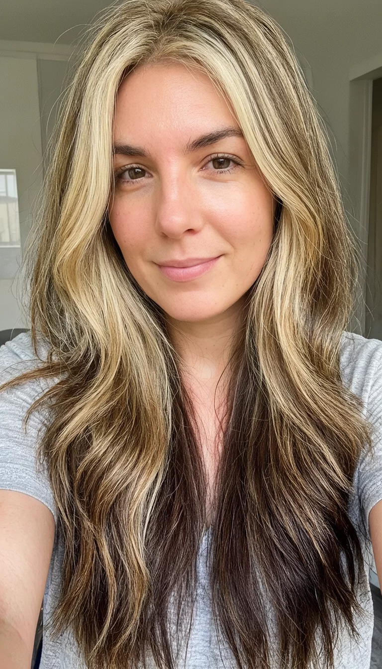 The Multidimensional Trio selfie of a 31-year-old woman wearing a casual top with a diverse shades of blonde and brunette colored varied long hairstyles, front view, focus on hair and facial features