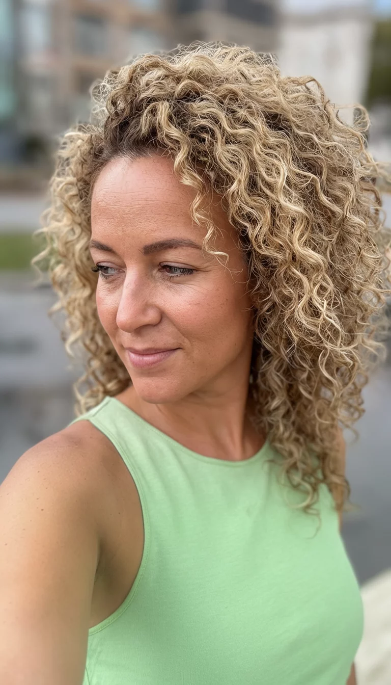 Honey Blonde and Chocolate Swirl selfie of a 28-year-old woman wearing a light green sleeveless top with a blonde and brown colored voluminous curly hairstyle, side view, blurred background
