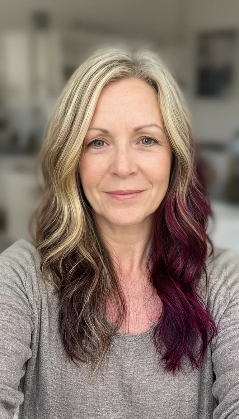 The Seasonal Spectrum selfie of a 42-year-old woman wearing a casual top with a blonde, brown, and burgundy colored varied hairstyles, front view, blurred background