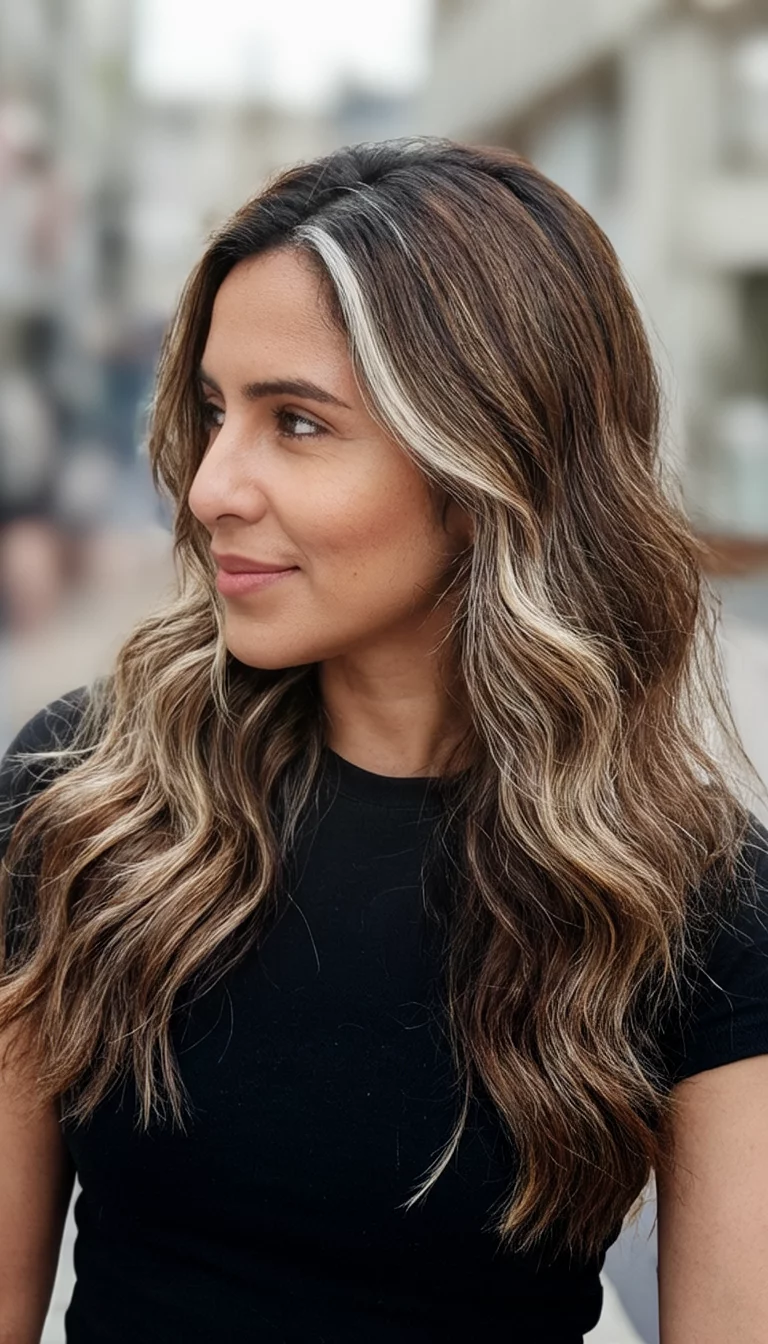Sun Dappled Chestnut selfie of a 32-year-old woman wearing a black top with a brown and light highlights colored long wavy hairstyle, side view, blurred background