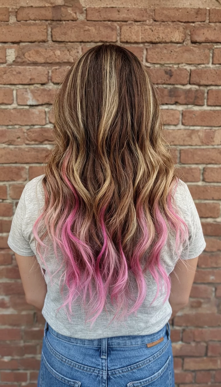 Sun Kissed Rose Brunette casual photo of a 33-year-old woman wearing a casual top with a brown hair with blonde and pink highlights colored long wavy hairstyle, back view, brick wall