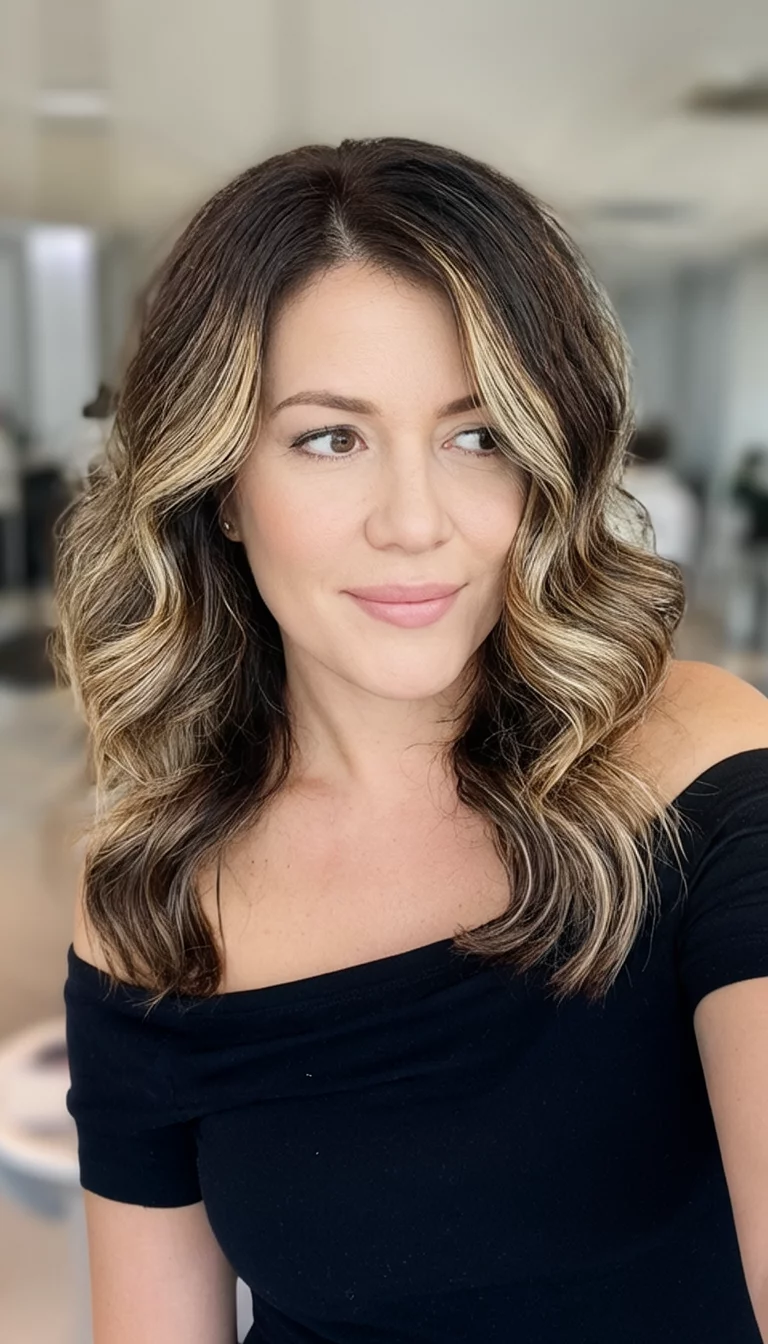 Caramel Ribbon Brunette selfie of a 30-year-old woman wearing a black off the shoulder top with a dark brown and blonde highlights colored voluminous wavy hairstyle, side view, blurred background