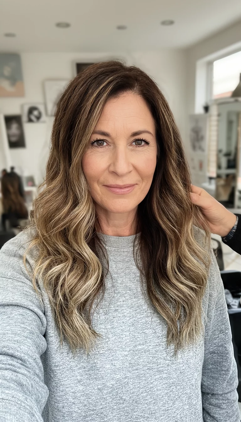 Toasted Almond Balayage selfie of a 40-year-old woman wearing a grey sweatshirt with a brown and blonde colored long wavy hairstyle, front view, stylist hand visible