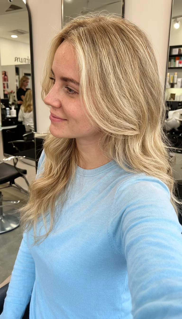Vanilla Soy Blonde selfie of a 27-year-old woman wearing a light blue long sleeve shirt with a blonde colored long wavy hairstyle, side view, salon background