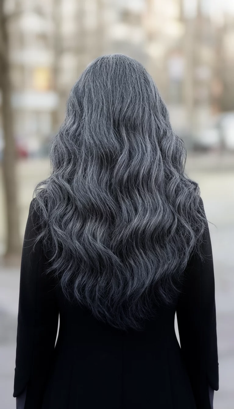 Muted Graphite Smoke casual photo of a 38-year-old woman wearing a black outfit with a dark grey colored long wavy hairstyle, back view, blurred background