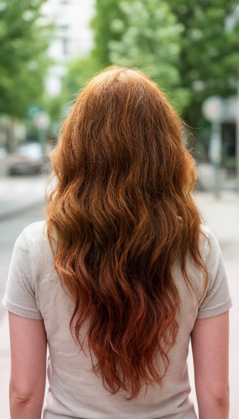 Spiced Cinnamon Glow casual photo of a 25-year-old woman wearing a casual top with an auburn colored long wavy hairstyle, back view, blurred background