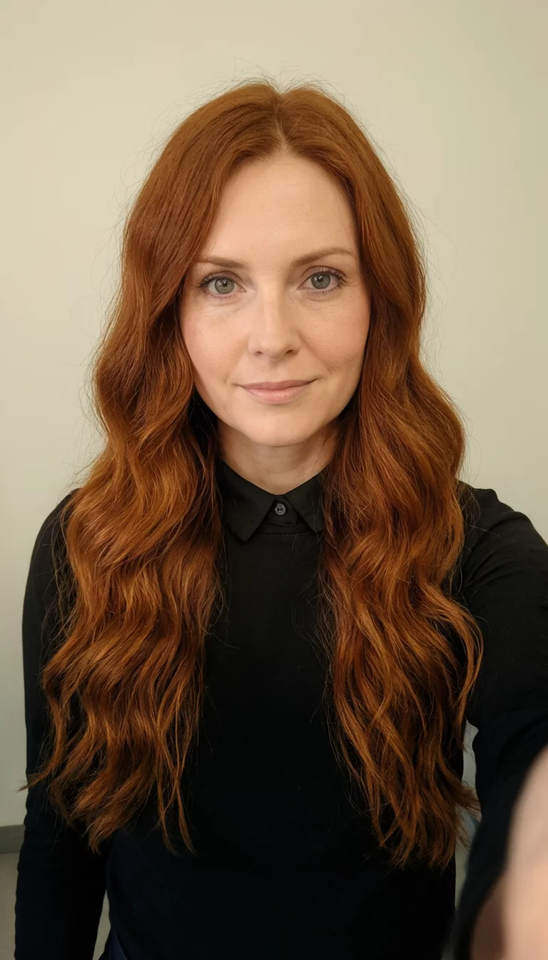 Rich Autumn Auburn selfie of a 34-year-old woman wearing a black collar top with a long wavy auburn colored hairstyle, front view, plain background