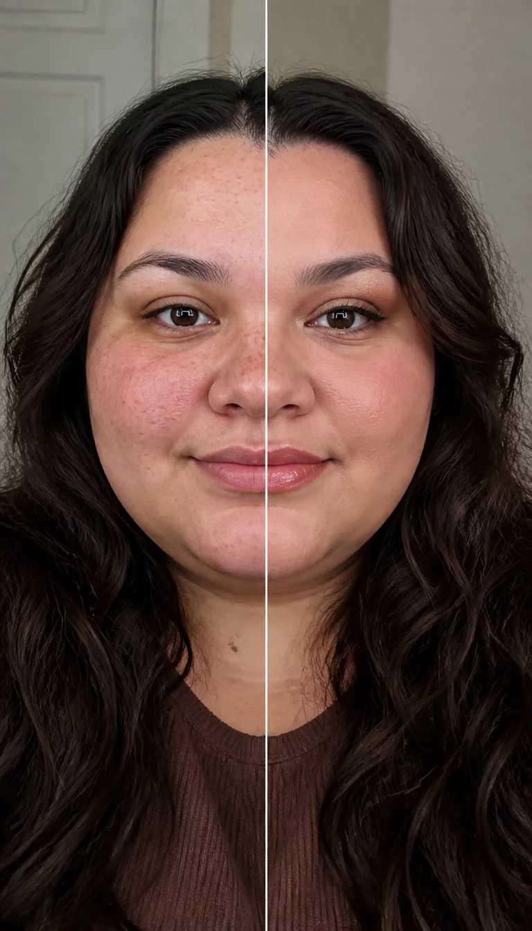 selfie of a 30-year-old plus size woman with a chubby face and a wide bridge nose. The skin is heavily textured with a complex pattern of light freckles and a small mole on the neck. The eyes are dark brown. She is wearing a simple top with long, dark brown, wavy hair, front view, split before-and-after composition.