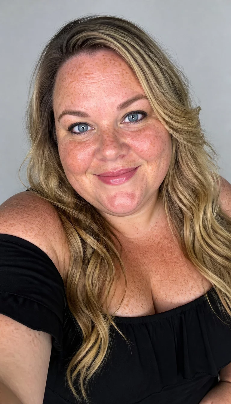 selfie of a 35-year-old plus size Caucasian woman with a chubby face and a rounded nose. The skin is heavily textured with a complex pattern of freckles and a small pink blemish on the chin. The eyes are sparkling blue. She is wearing a black off-the-shoulder dress with blonde wavy hair, front view, bright studio lighting.