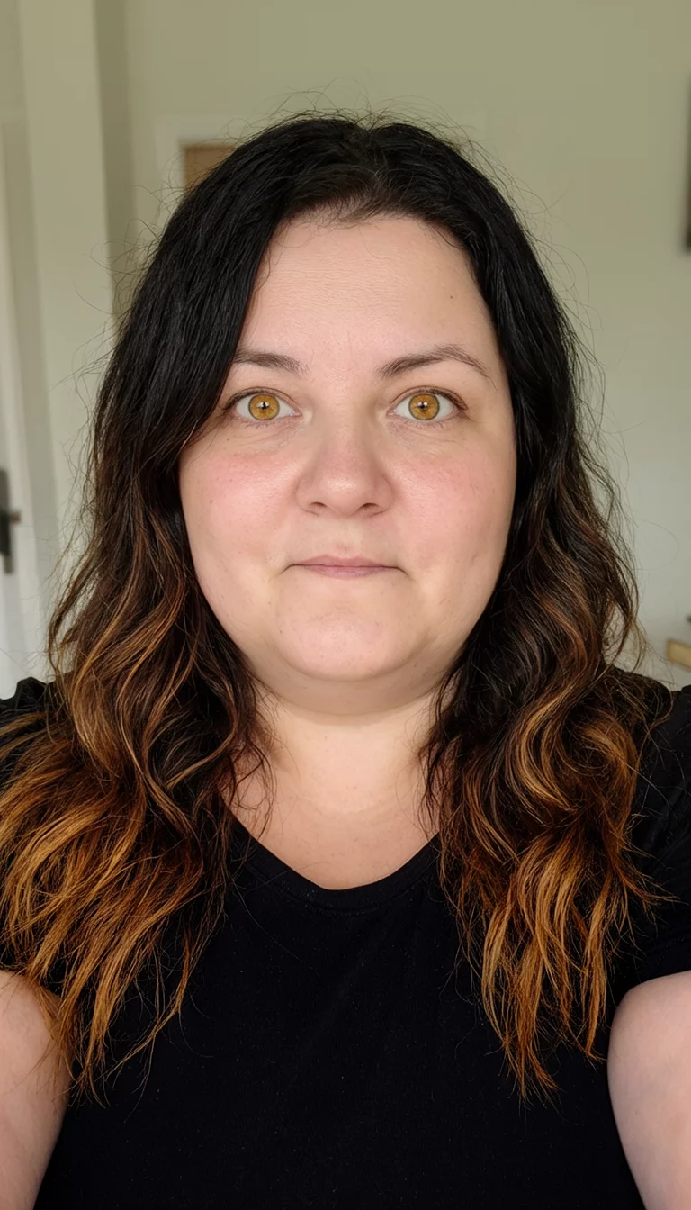 selfie of a 33-year-old plus size woman with a chubby face and a slightly upturned nose. The eyes are amber. She is wearing a black top with long, wavy, dark brown hair with caramel highlights, front view, neutral indoor background.