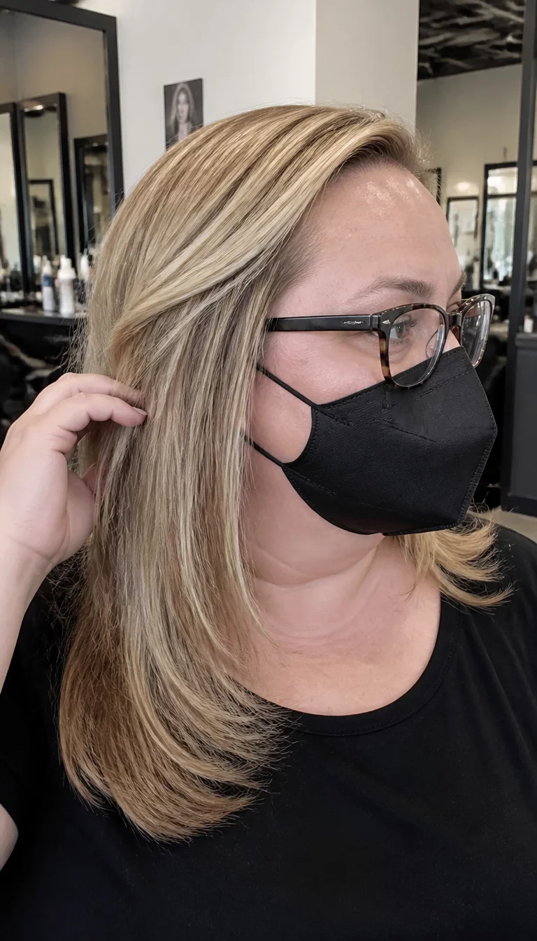 casual photo of a 40-year-old plus size woman with a chubby face and a straight nose. The skin is heavily textured with a complex pattern of fine lines around the eyes and a small scar on the temple. The eyes are hidden by glasses. She is wearing glasses and a black mask with a long blonde layered haircut, side view with her hand touching her hair, indoor hair salon background.
