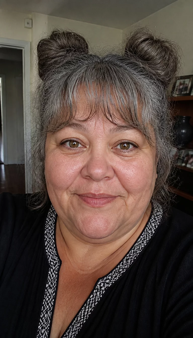 selfie of a 49-year-old plus size woman with a chubby face and a narrow nose. The skin is heavily textured with a complex pattern of fine wrinkles and a small age spot near the ear. The eyes are light brown. She is wearing a black top with a patterned trim with grey, wavy hair styled in two small buns on top of her head and bangs, front view, indoor setting.