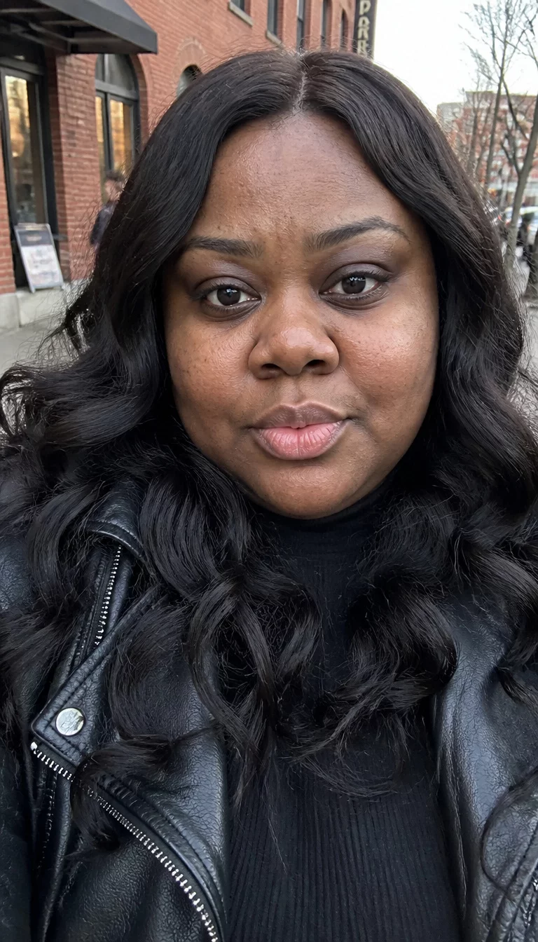 selfie of a 32-year-old plus size Black woman with a chubby face and a broad nose. The skin is heavily textured with a complex pattern of darkness under the eyes and a small beauty mark on the cheek. The eyes are dark brown. She is wearing a black leather jacket over a black top with long, voluminous, wavy black hair, front view, urban background.