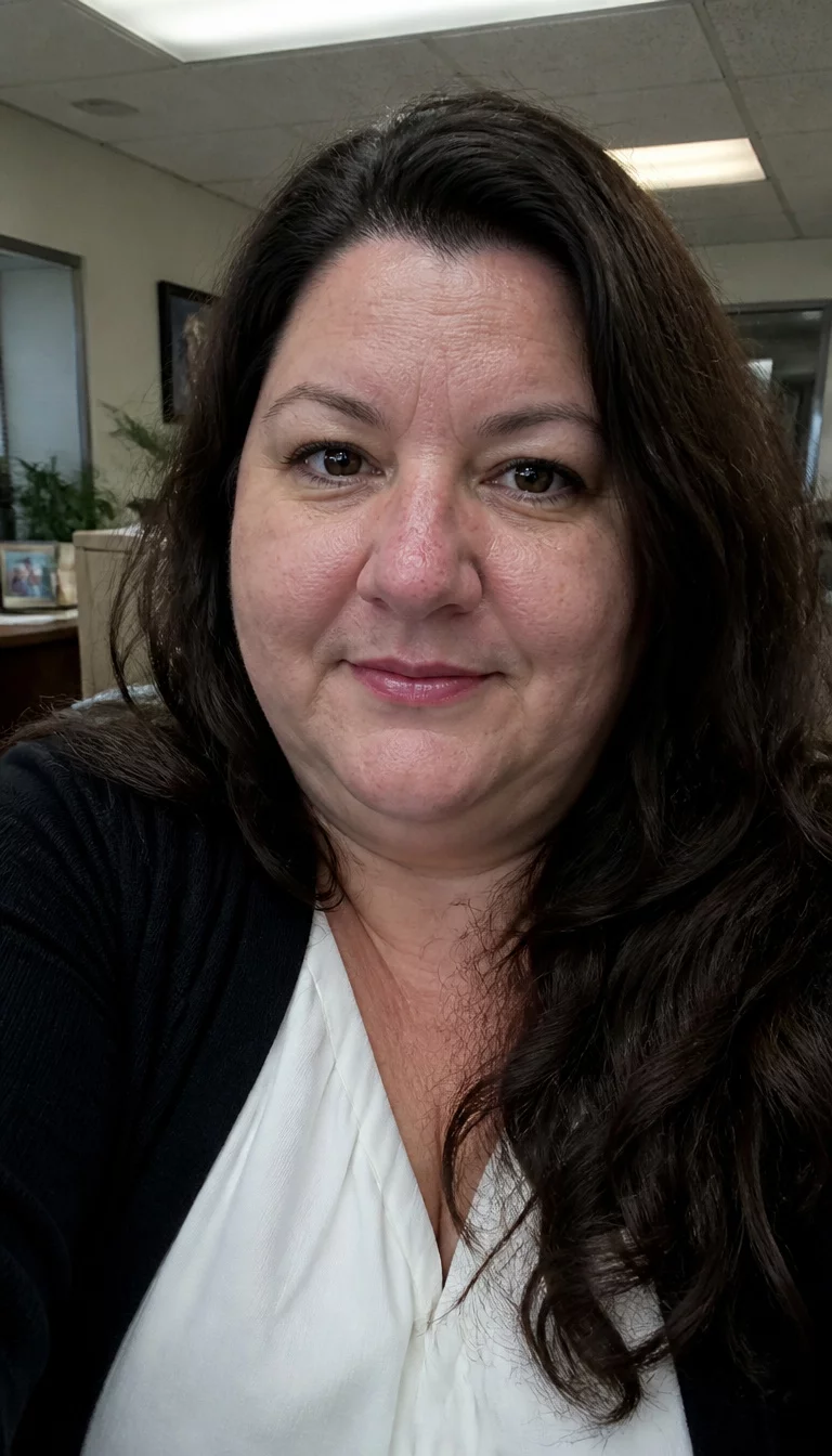 selfie of a 47-year-old plus size Caucasian woman with a chubby face and a rounded nose. The skin is heavily textured with a complex pattern of enlarged pores and a few visible capillaries on the nose. The eyes are dark brown. She is wearing a white blouse and a black cardigan with long, wavy, dark brown hair, front view, office background.