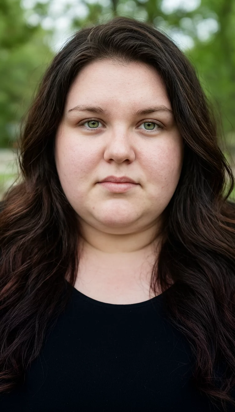 selfie of a 27-year-old plus size Caucasian woman with a chubby face and a small nose. The eyes are deep-set green. She is wearing a black top with dark brown wavy hair that flows over the shoulders, front view, blurred background.