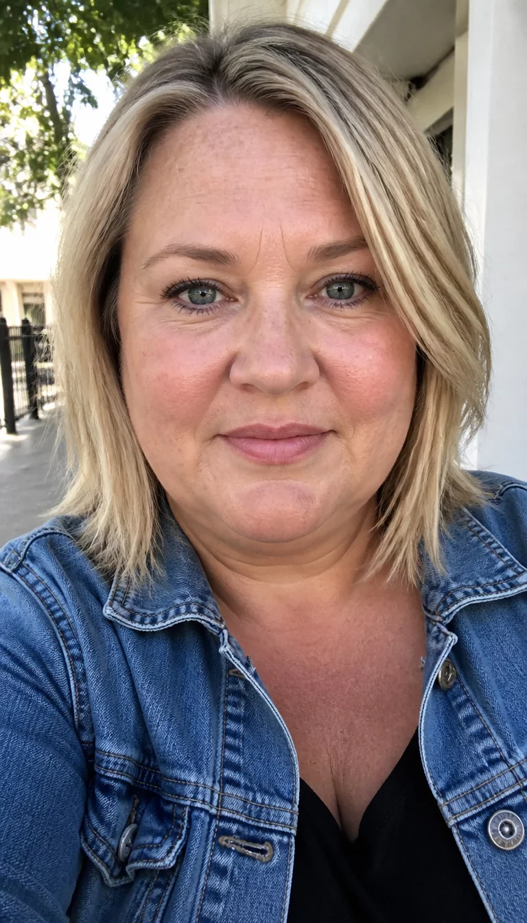 selfie of a 42-year-old plus size Caucasian woman with a chubby face and a straight nose. The skin is heavily textured with a complex pattern of sun spots on the temples and a small vertical wrinkle between the eyebrows. The eyes are grey-blue. She is wearing a denim jacket over a black top with a shoulder-length, layered, blonde very long bob hairstyle, front view, outdoor daylight.
