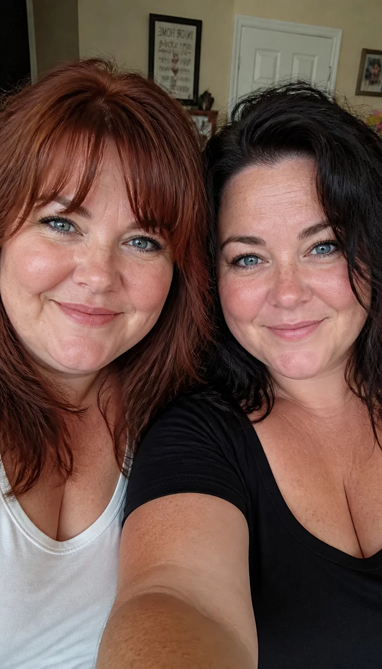 selfie of two 36-year-old plus size Caucasian women with chubby faces and button noses. The skin is heavily textured with a complex pattern of fine lines around the eyes and a light dusting of freckles. The eyes are blue. The woman on the left has auburn hair with layers and bangs wearing a white top while the woman on the right has dark, tousled, wavy hair wearing a black top, front view, indoor background.