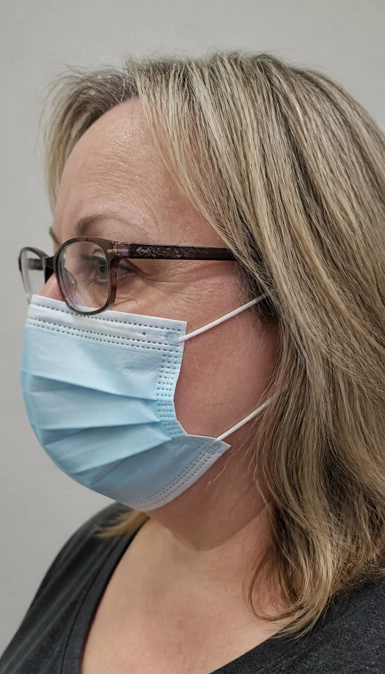 casual photo of a 46-year-old plus size woman with a chubby face and a straight, thin nose. The skin is heavily textured with a complex pattern of crow's feet and a small vertical line between the brows. The eyes are behind glasses. She is wearing glasses and a light blue mask with layered blonde and grey hair, side profile, neutral background.