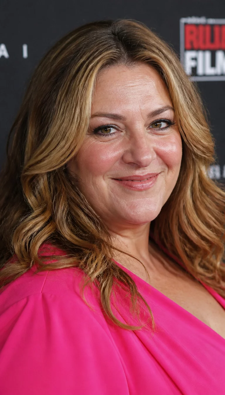 casual photo of a 45-year-old plus size Caucasian woman with a chubby face and a prominent nose. The skin is heavily textured with a complex pattern of smile lines and a tiny scar on the chin. The eyes are bright hazel. She is wearing a vibrant pink dress with long, wavy, caramel-blonde hair, three-quarter front view, red carpet event background.