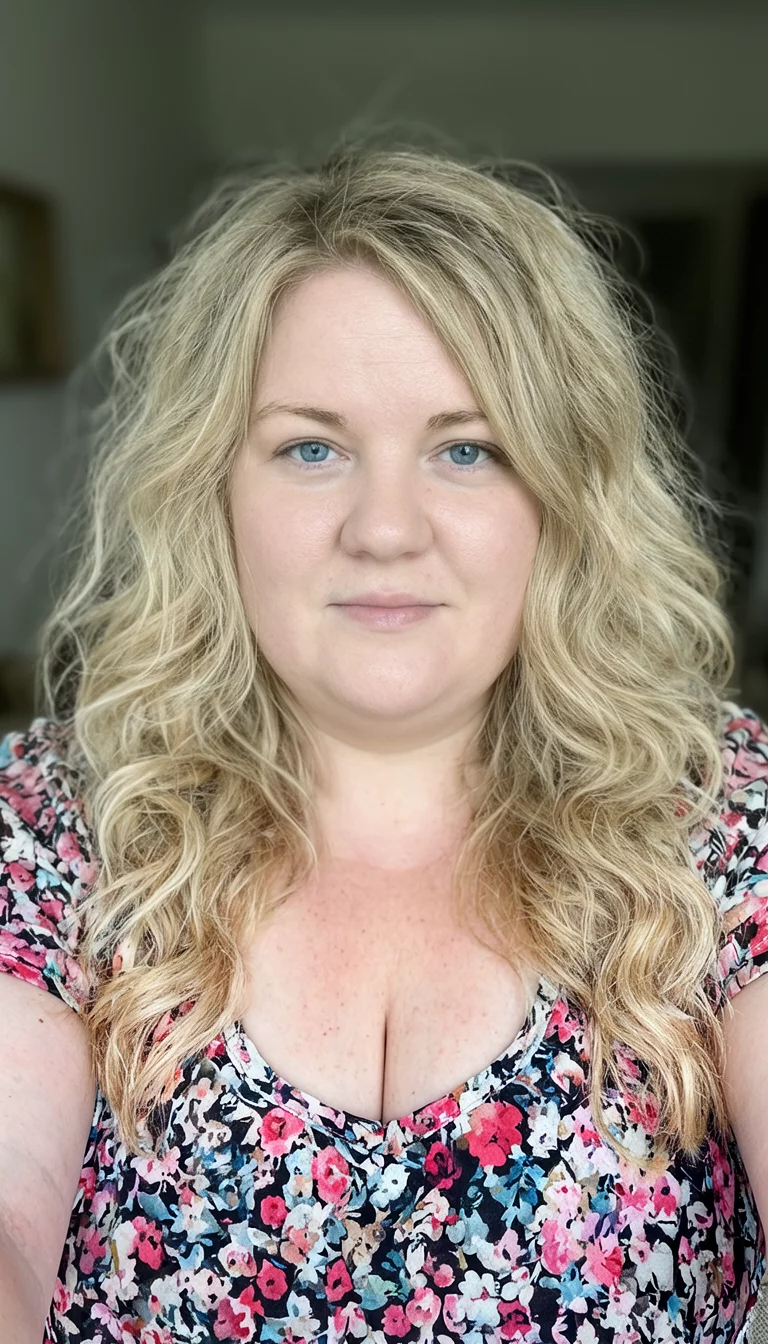 selfie of a 30-year-old plus size Caucasian woman with a chubby face and a delicate nose. The eyes are blue. She is wearing a floral print top with blonde, wavy, tousled long hair, front view, blurred background.