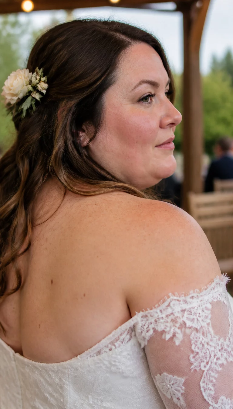 casual photo of a 31-year-old plus size Caucasian woman with a chubby face and a delicate nose. The skin is heavily textured with a complex pattern of faint freckles and a very thin scar on the temple. The eyes are light blue. She is wearing a white off-the-shoulder wedding dress with lace details with soft waves and a floral clip in her hair, side view looking away, wedding venue background.