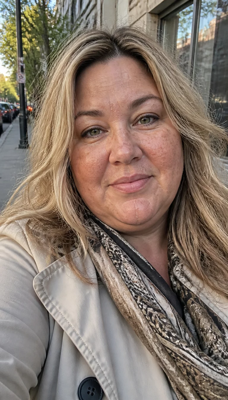 selfie of a 41-year-old plus size woman with a chubby face and a slightly wide nose. The skin is heavily textured with a complex pattern of sun spots and a faint scar on the chin. The eyes are green. She is wearing a beige trench coat and a patterned scarf with long, voluminous, layered blonde hair, front view, outdoor street background.