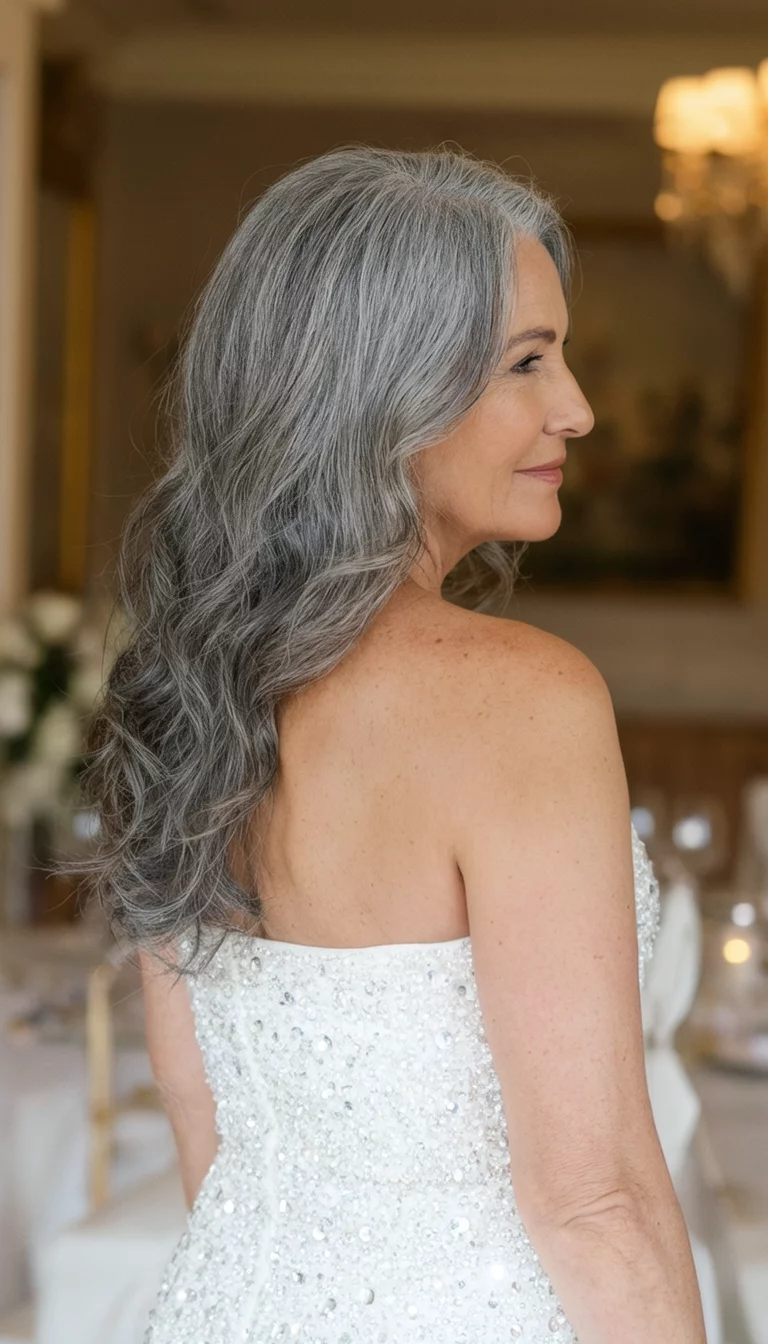 casual photo of a 49-year-old woman wearing a sparkly white strapless top with a long wavy grey hair hairstyle, side view, elegant setting