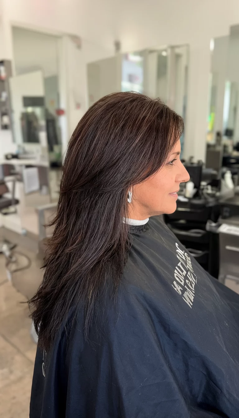 casual photo of a 42-year-old woman wearing a black salon cape with a long layered dark brown hair hairstyle, side view, salon setting