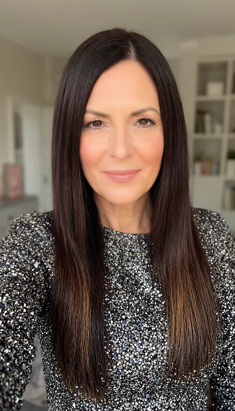 selfie of a 43-year-old woman wearing a sparkly top with a long sleek dark brown hair with subtle ombre hairstyle, front view, indoor setting