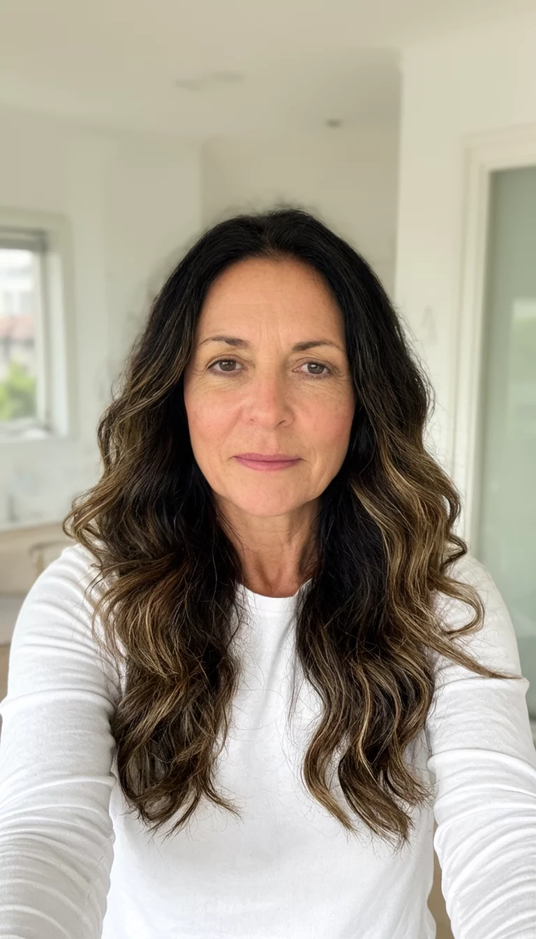 selfie of a 46-year-old woman wearing a white long-sleeved shirt with a long wavy dark brown hair with lighter tones hairstyle, front view, bright room
