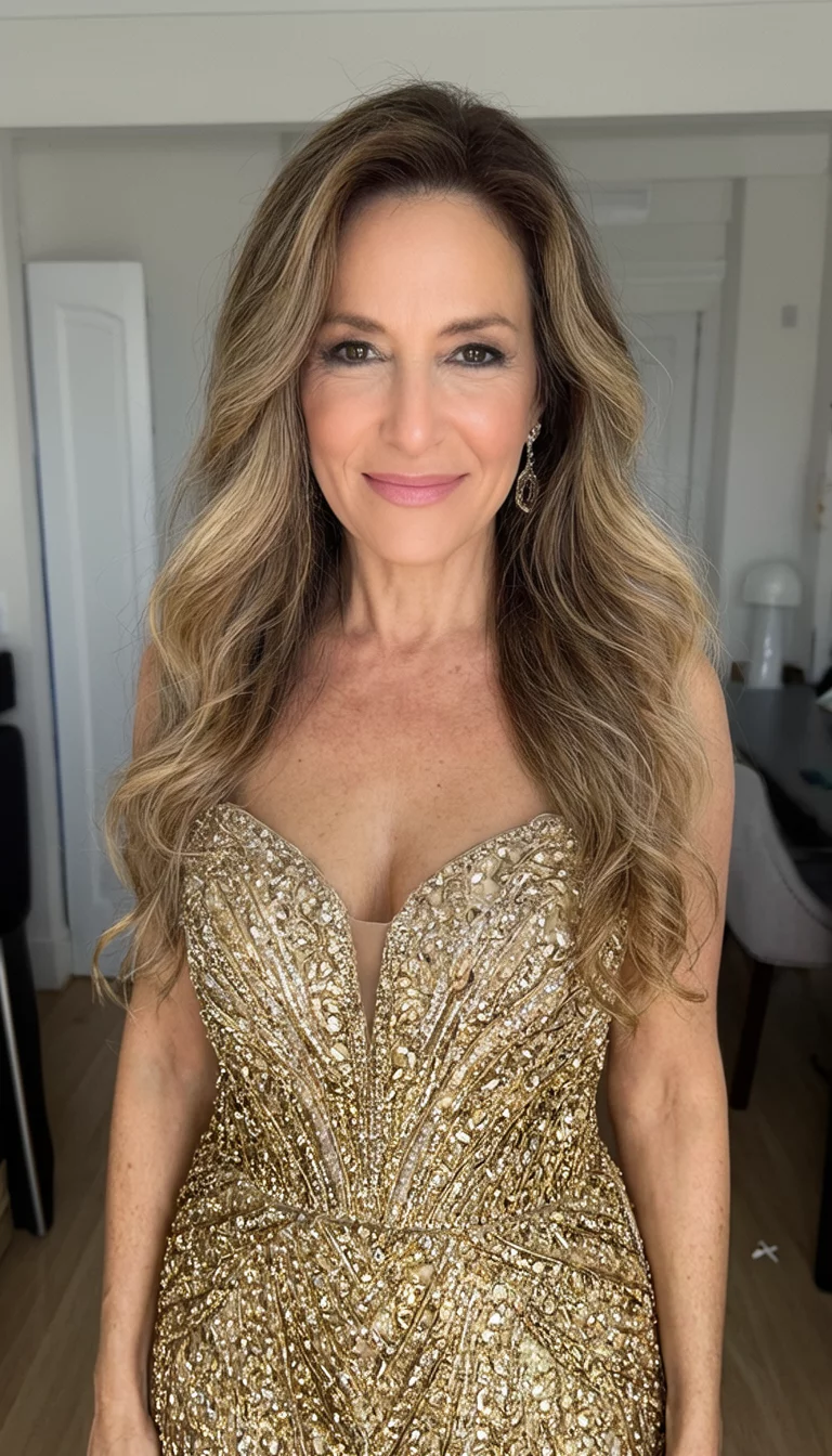 selfie of a 43-year-old woman wearing a shimmering gold embellished dress with a long wavy blonde-brown hair hairstyle, front view, glam setting