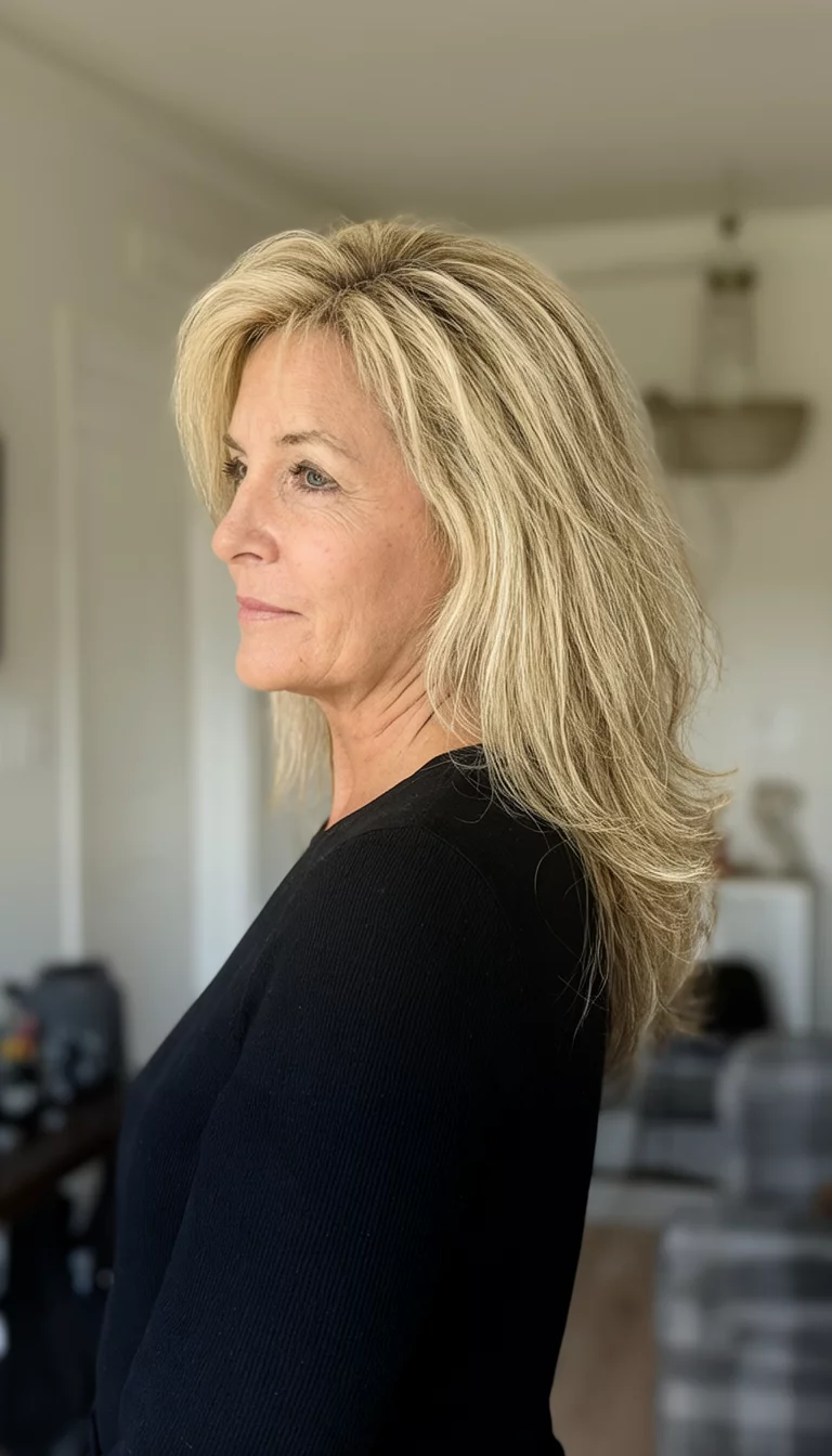 casual photo of a 47-year-old woman wearing a black top with a long layered blonde hair styled with volume hairstyle, side view, indoor lighting