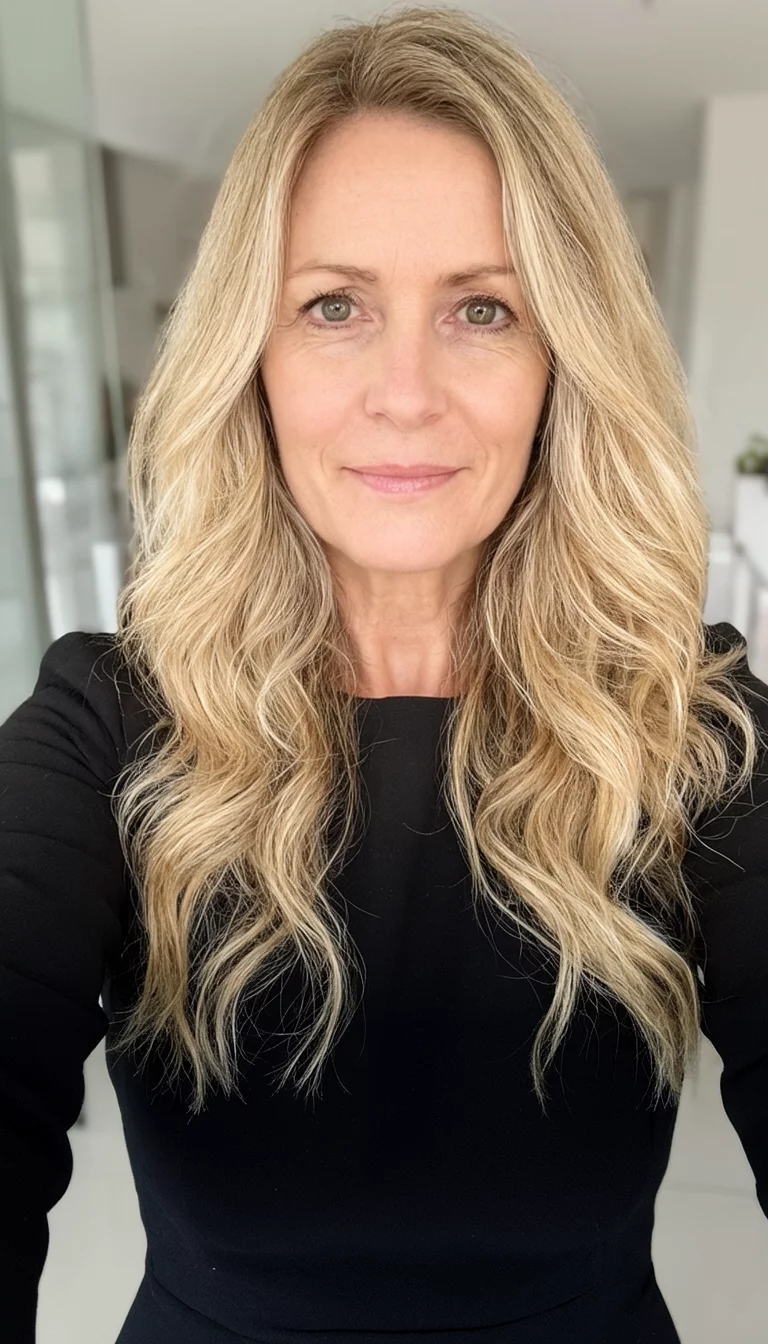 selfie of a 41-year-old woman wearing a black dress with a long wavy blonde hair hairstyle, front view, well-lit setting
