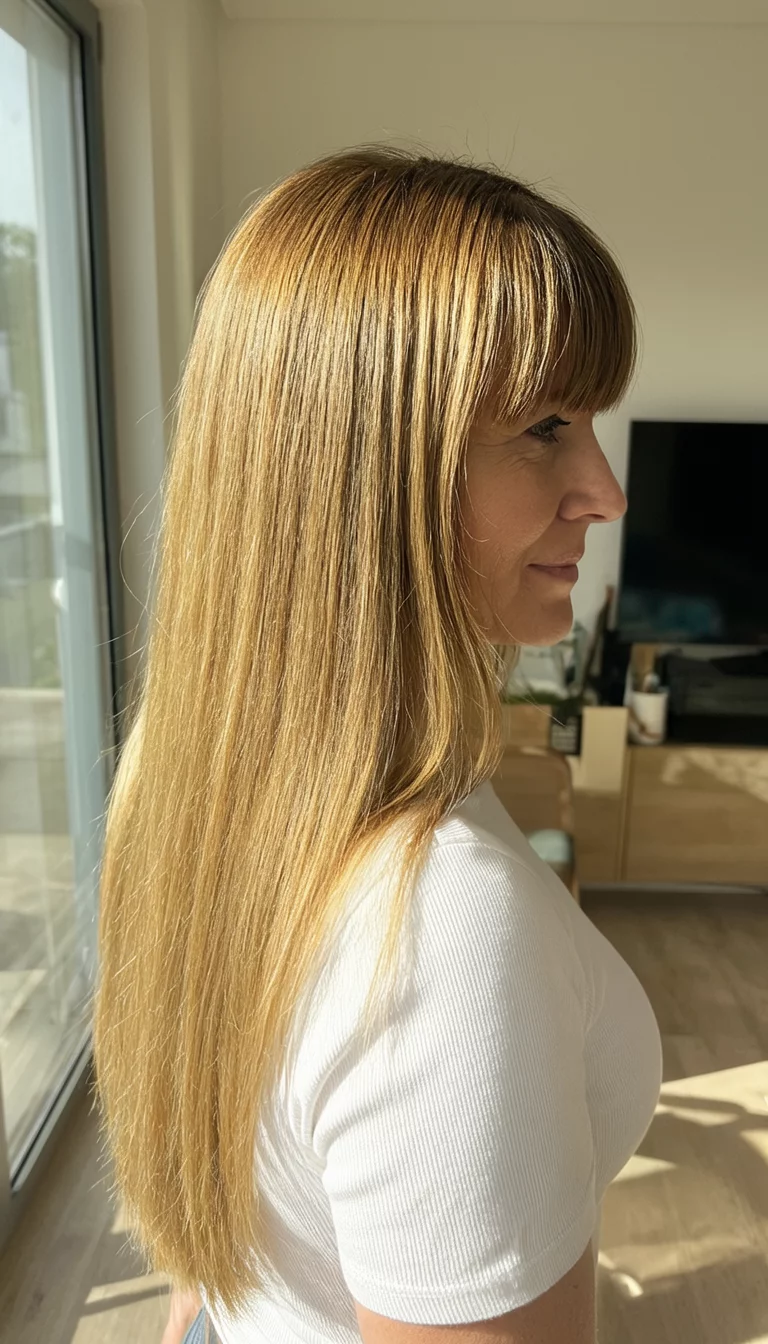 selfie of a 41-year-old woman wearing a white top with a long straight honey-blonde hair and prominent bangs hairstyle, side view, sunny room