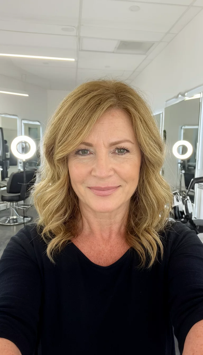 selfie of a 45-year-old woman wearing a black top with a medium-length wavy honey-blonde hair hairstyle, front view, salon environment with ring lights