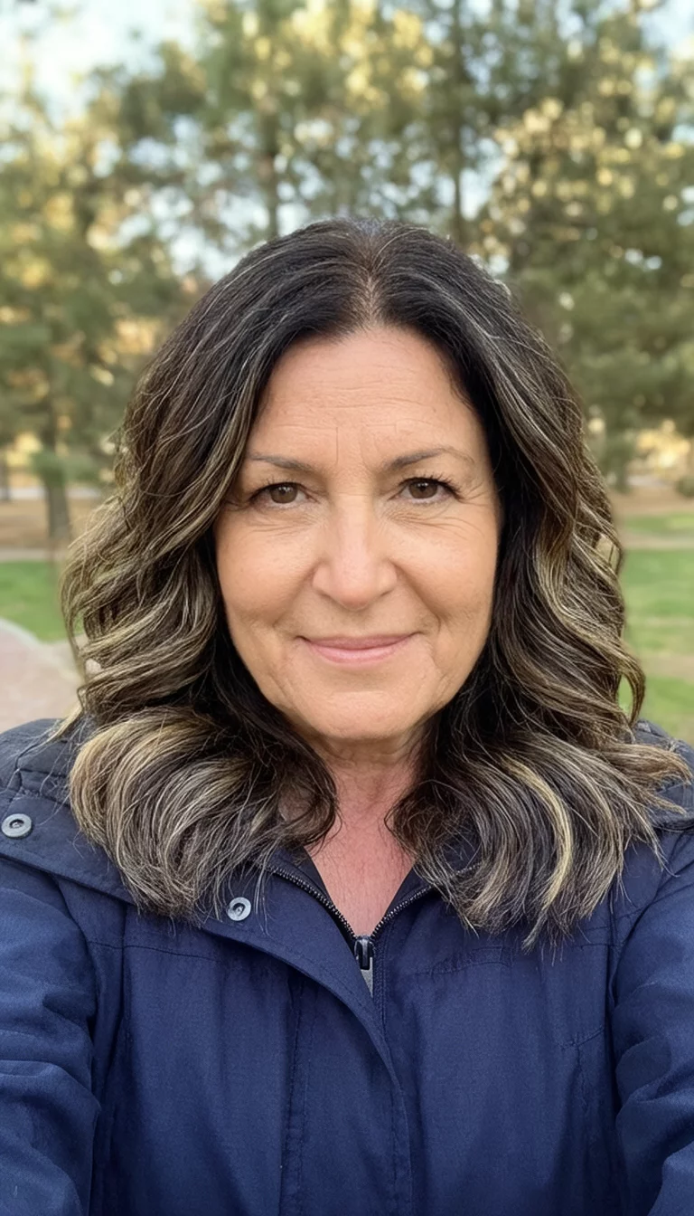 selfie of a 48-year-old woman wearing a dark jacket with a shoulder-length wavy dark brown hair with subtle blonde highlights hairstyle, front view, outdoor setting