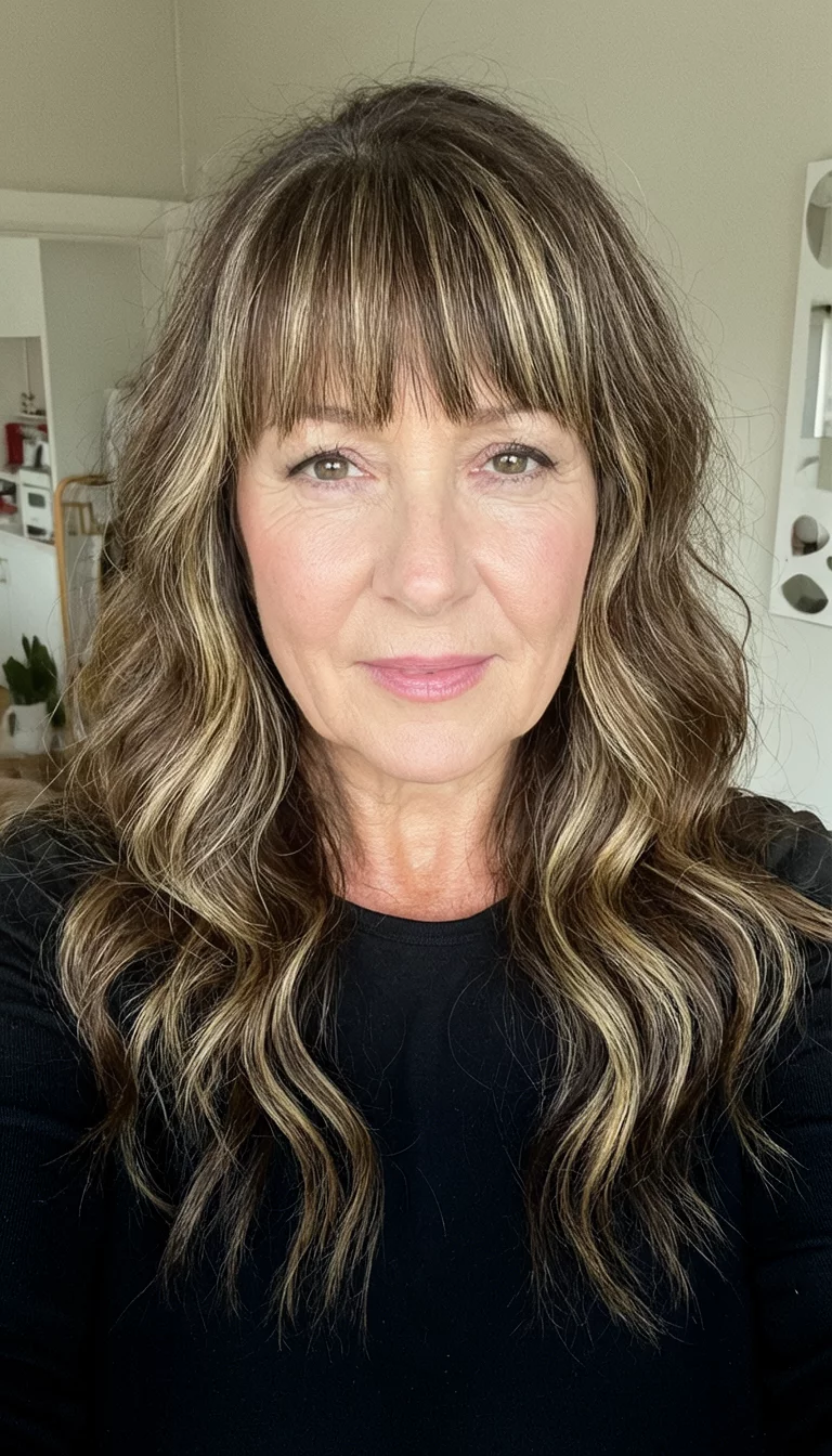selfie of a 45-year-old woman wearing a black top with a long wavy brown hair with blonde highlights and bangs hairstyle, front view, indoor setting