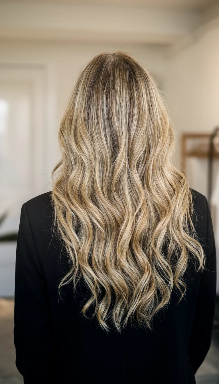 casual photo of a 44-year-old woman wearing a black garment with a long wavy blonde hair with highlights hairstyle, back view, indoor setting