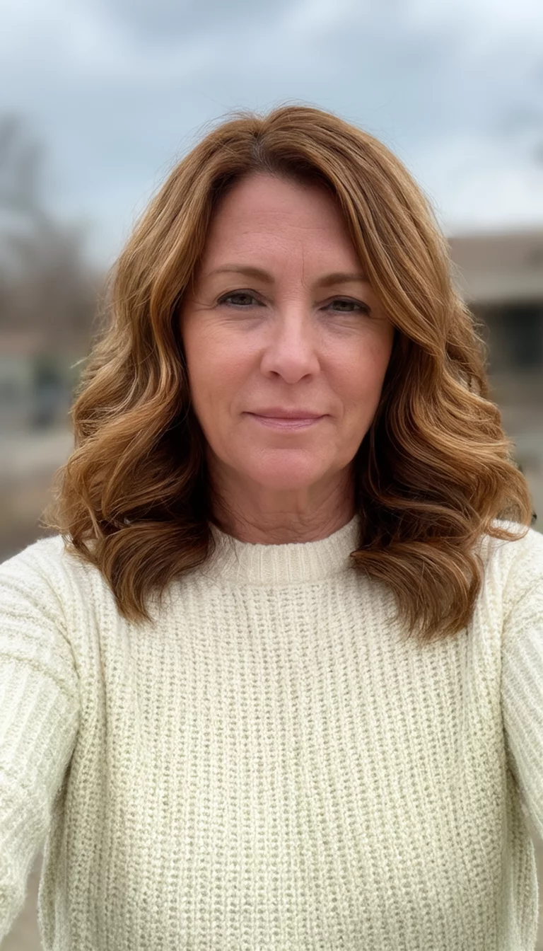 selfie of a 48-year-old woman wearing a cream sweater with a medium-length wavy caramel-toned hair hairstyle, front view, blurred background