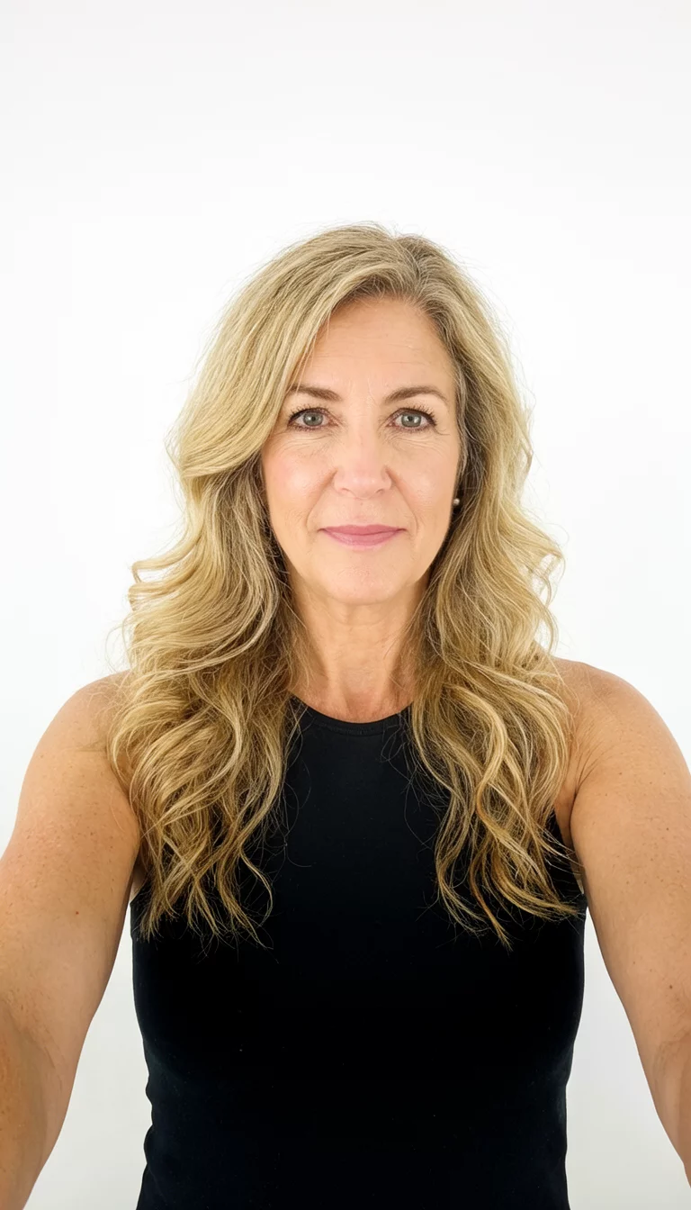 selfie of a 40-year-old woman wearing a black sleeveless top with a long wavy blonde hair hairstyle, front view, bright studio